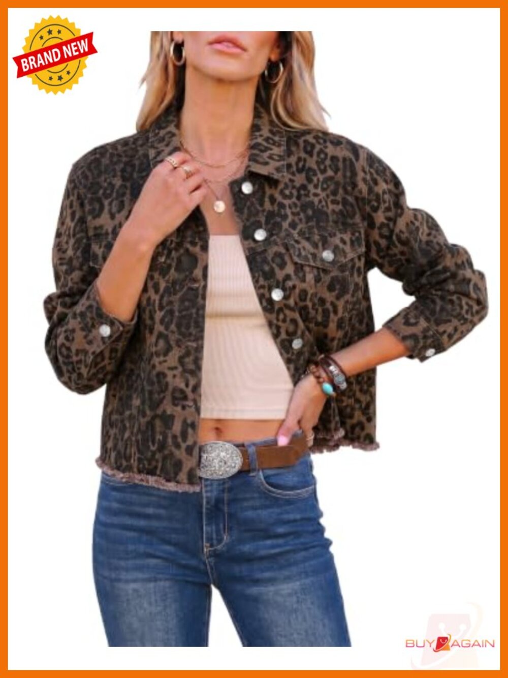 Women Leopard Cheetah Print Stretchy Frayed Hem Jean Jacket